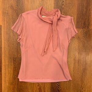 Banana Republic Pink Silk Top Size Large Flutter Sleeves Tie Neck Y2K Balletcore